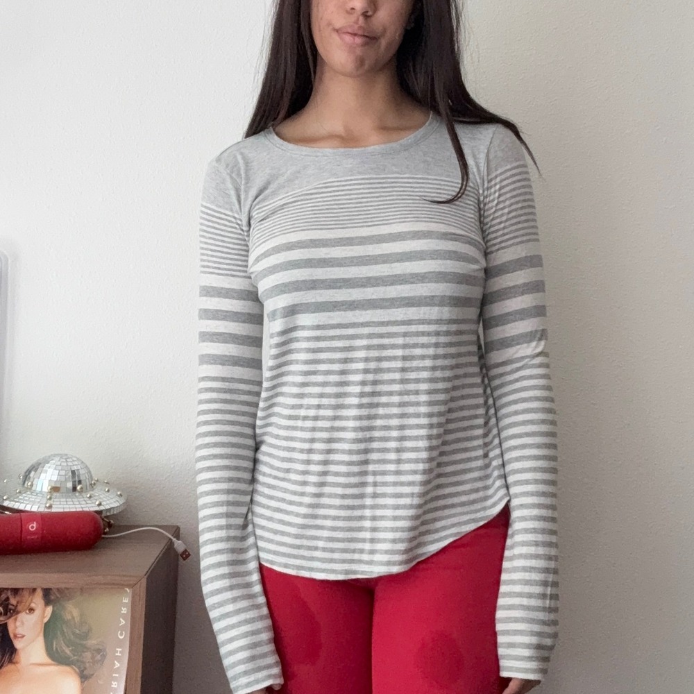 Vince Gray Striped Pima Cotton Modal Long Sleeve Crew Neck Top Medium RN106730